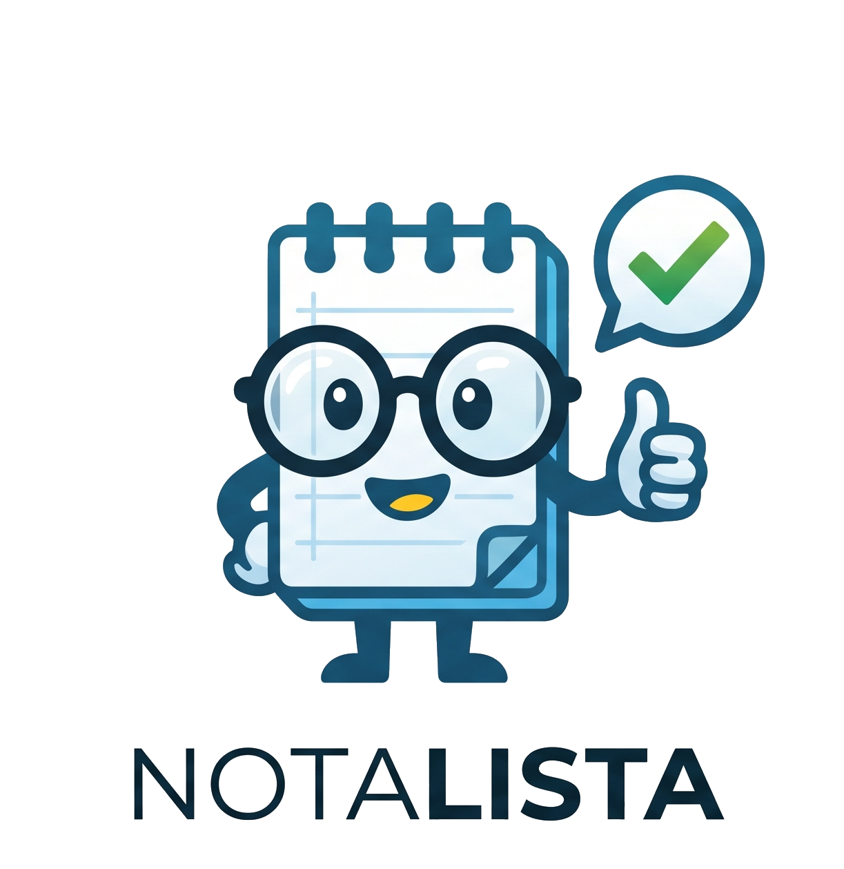 Mascota de Notalista: una libreta con gafas levantando el pulgar